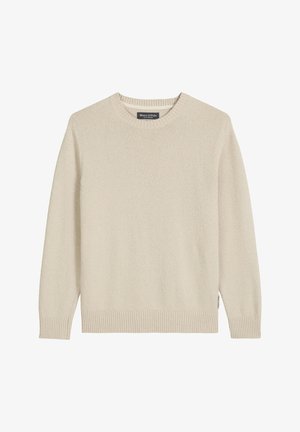 Beige gebreide trui, ronde halslijn, lange mouwen, geribbelde zoom en manchetten, zachte textuur, merketiket aan de binnenkant van de kraag.