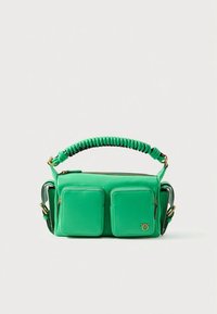 Green leather handbag with padded handle, front two zippered pockets, gold hardware accents, and smooth texture. Compact rectangular design.
