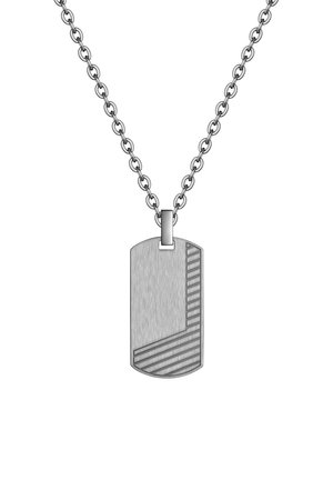 Silver-tone necklace with a rectangular pendant. Pendant features a brushed metal texture with a diagonal striped pattern. Chain is linked and matching.