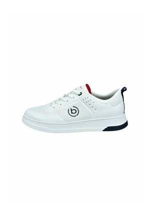 White athletic sneaker with perforated design, logo on the side, and red and navy accents on the heel tab and tongue. Flat rubber sole.