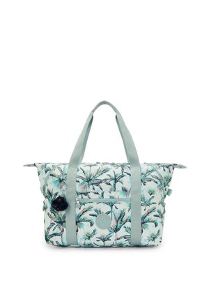 Tragetasche mit Palmenblattmuster in Mintgrün und Weiß, mit hellblauen Trägern, einer vorderen Reißverschlusstasche und einem dekorativen Anhänger.