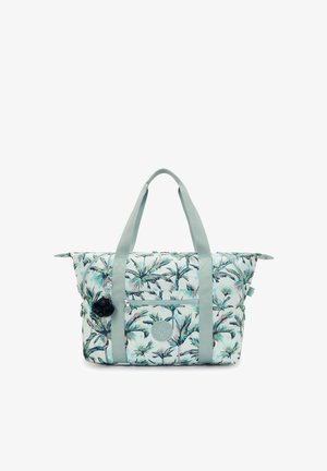 Bolsa tote con patrón de hojas de palma en verde menta y blanco, con asas azul claro, un bolsillo delantero con cremallera y un adorno decorativo.