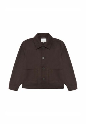 Veste en coton marron avec un col, fermeture à boutons à l'avant et deux grandes poches. Elle possède des manches longues et un design décontracté.