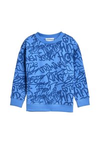 Felpa a maniche lunghe blu con testi e design in stile graffiti blu scuro, comprese parole come "criminale" e "re" in vari caratteri.