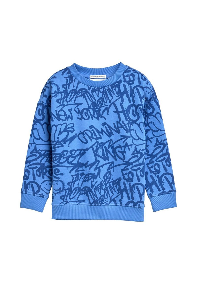 Felpa a maniche lunghe blu con testi e design in stile graffiti blu scuro, comprese parole come "criminale" e "re" in vari caratteri.