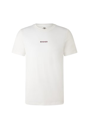 White cotton t-shirt with short sleeves, round neck, and small "BOGNER" logo in red centered on the chest. Smooth texture and standard fit.