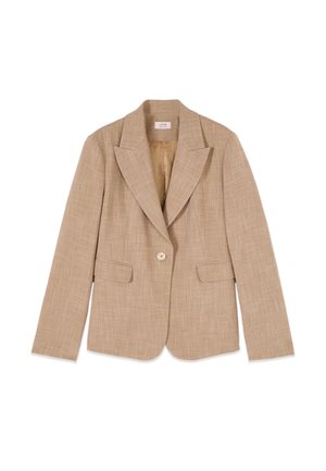 Sacou bej cu un singur nasture, rever cu tăieturi în V, două buzunare frontale cu clapetă și o țesătură texturată asemănătoare inului.