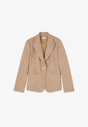 Sacou bej cu un singur nasture, rever cu tăieturi în V, două buzunare frontale cu clapetă și o țesătură texturată asemănătoare inului.