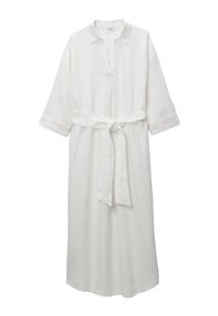 Robe chemise blanche en lin avec un col, des manches courtes retroussées et une ceinture assortie nouée à la taille. Comprend une fermeture à boutons sur le devant.