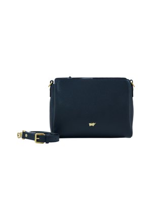 Borsa a tracolla in pelle blu navy con superficie testurizzata, forma rettangolare, dettagli in hardware dorato e cintura rimovibile. Piccolo logo sul davanti.