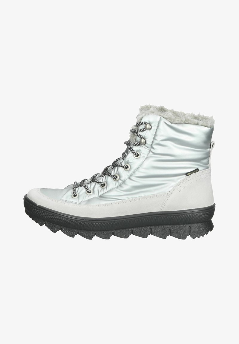 Silberfarbene Knöchelstiefel mit einem Kunstfellkragen, strukturiertem grauen Wildleder, dekorativen schwarzen Schnürsenkeln und einer robusten schwarzen Gummisohle.