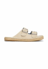 Sandal in suede beige a scorri con due fibbie metalliche regolabili, suola intermedia in corda di juta intrecciata e suola in gomma.