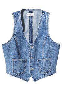 Denim vest in light blue, featuring a v-neck, front buttons, and two front pockets. The material has a classic textured finish.
