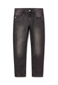 Jeans de mezclilla gris oscuro con un diseño ajustado, que cuentan con estilo de cinco bolsillos, trabillas para el cinturón y una textura de decolorado sutil. Incluye detalles metálicos.