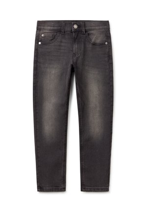 Jeans en denim gris foncé au design ajusté, présentant un style cinq poches, des passants de ceinture et une texture légèrement dégradée. Détails en métal inclus.