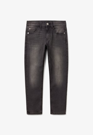 Jeans de mezclilla gris oscuro con un diseño ajustado, que cuentan con estilo de cinco bolsillos, trabillas para el cinturón y una textura de decolorado sutil. Incluye detalles metálicos.