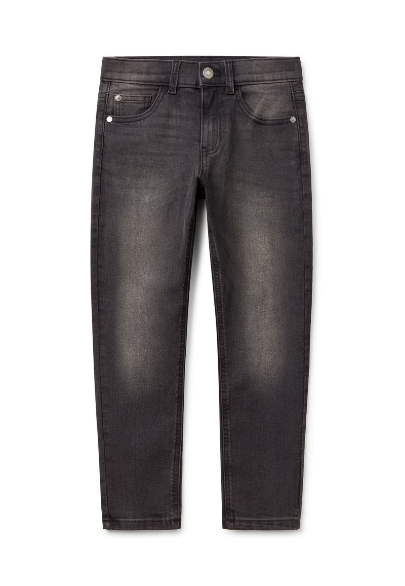 Jeans de mezclilla gris oscuro con un diseño ajustado, que cuentan con estilo de cinco bolsillos, trabillas para el cinturón y una textura de decolorado sutil. Incluye detalles metálicos.