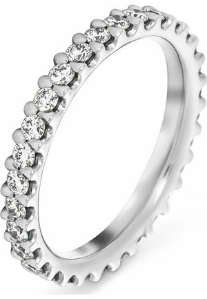 Platinum band ring featuring a row of round, clear cubic zirconia stones set in a scalloped design. Smooth, polished surface with a shiny finish.