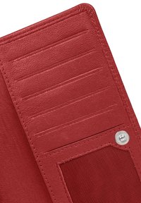 Red leather wallet interior featuring multiple card slots, a transparent ID window, and a snap closure with silver hardware.