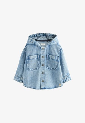 Light blue denim toddler jacket with hood, front snap buttons, and two large square chest pockets, laid flat on white background.