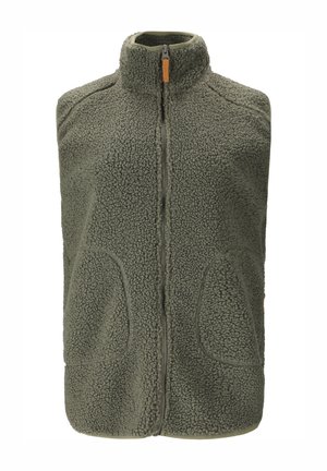 Fleecevest i olivengrøn med høj krave, lynlås foran og to forlommer, tekstureret med et blødt, uldent udseende.