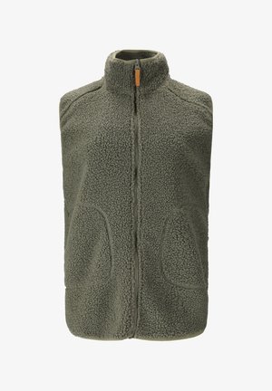 Fleece vest in olive green with high collar, front zipper, and two front pockets, textured with a soft, woolly appearance.