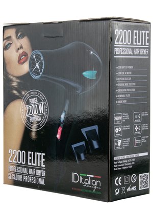 Scatola nera per asciugacapelli professionale Black 2200 Elite con volto di donna, caratteristiche del prodotto e logo ID Italian Design.
