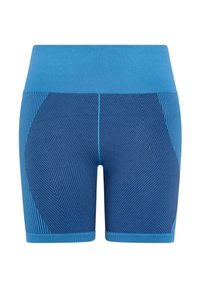 Kék sportnadrág rugalmas derékkal, változó árnyalatú kék textúrával és díszöltésekkel.