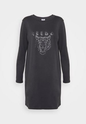 Vestido de algodão preto de mangas compridas, com um gráfico de tigre e a palavra "REBEL" em acabamentos brilhantes ao longo do peito. Design simples com gola arredondada.