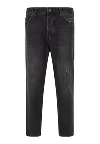 Zwarte denim jeans met een rechte snit, voorzien van beschadigde details, vijf-pocket ontwerp en messing knoopbevestiging.