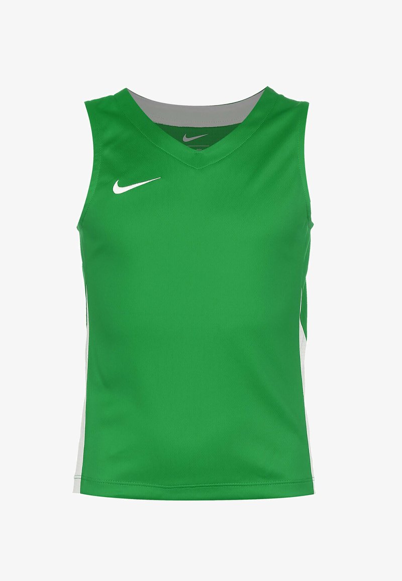 Top sportivo senza maniche Nike verde con scollo a V, realizzato in tessuto liscio, con pannelli laterali bianchi e il logo Nike sul davanti.