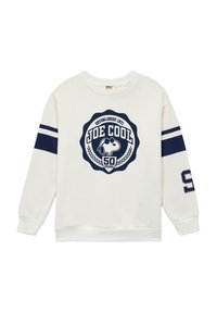Sudadera blanca con acentos en azul marino, que presenta un logo circular de "Joe Cool", establecido en 1971, y el número "50" en la parte frontal.