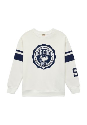 Valkoinen collegepaita tummansinisillä yksityiskohdilla, jossa on pyöreä "Joe Cool" -logo, perustettu 1971, ja numero "50" edessä.