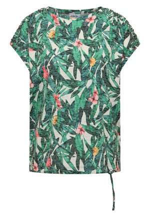 Blouse à manches courtes avec imprimé feuilles tropicales vertes et fleurs roses, détails froncés sur les manches et lien ajustable à l'ourlet.