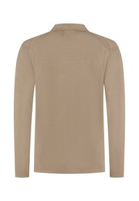 Lange mouwen taupe shirt met een kraag, gemaakt van een gladde stof. Heeft een subtiele textuur en geen zichtbare patronen of hardwaredetails.