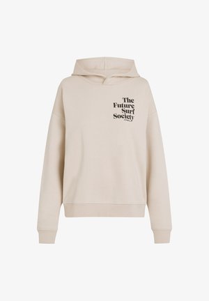 Beige hoodie with a large front print reading "The Future Surf Society," featuring a relaxed fit, drawstring hood, and ribbed cuffs.