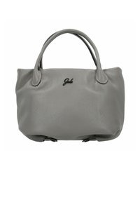 Graue Lederhandtasche mit zwei runden Griffen, strukturierten Oberflächen und einem kleinen schwarzen Logo, das auf der Vorderseite eingeprägt ist.
