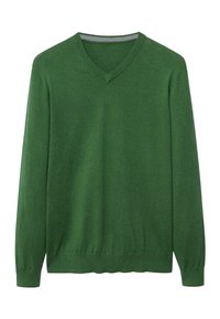 Pull vert à col en V avec manches longues, poignets et ourlet côtelés, présenté sur un fond blanc.