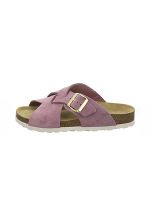 Pink suede slide sandal with crisscross straps, gold buckle, cork footbed, and white ridged sole.