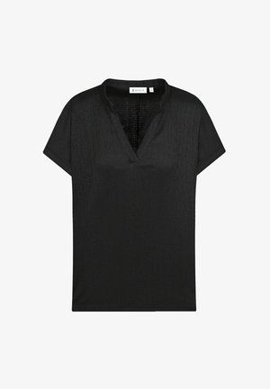 Black short-sleeve top with a V-neck, featuring a textured fabric and a relaxed fit. The design is simple and contemporary with no embellishments.