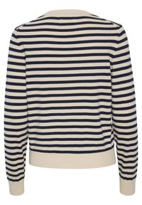 Randig stickad tröja med marinblå och krämfärgade horisontella ränder, med rundad halsringning, långa ärmar och ribbade muddar och nederkant.