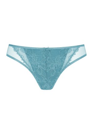 Spitzen-String in Petrol mit Blumenmustern, durchsichtigen Seiten und einer Satin-Schleife in der Mitte. Weicher, leichter Stoff mit aufwändiger Stickerei.