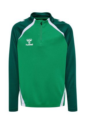 Grøn langærmet sportstop med mørkegrønne ærmer, hvide accenter, kvart lynlås og et hvidt Hummel-logo på brystet.