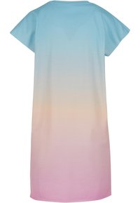 Short-sleeve dress in soft cotton, featuring a gradient design from blue to soft pink. Straight cut, knee-length, with a smooth texture.
