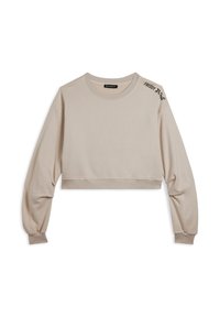 Felpa cropped beige realizzata in tessuto morbido, con maniche lunghe, collo rotondo e dettaglio del logo nero sulla spalla.