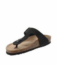 Zwarte flip-flop sandaal met een gestructureerde kurken voetbed, verstelbare band en rubberen zool, met een teenpost en een ronde hardware-accent.