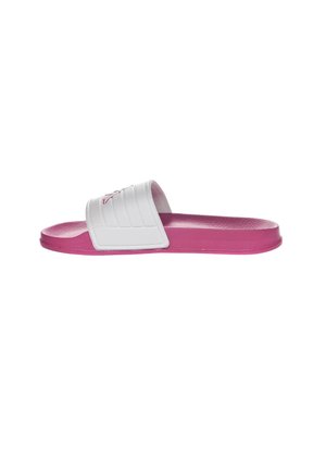 Sandalo rosa modello slide con plantare strutturato e ampia fascia bianca sulla parte superiore.