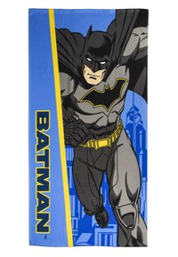 Toalla temática de Batman con fondo azul, que presenta un gran gráfico de Batman en gris y negro con un emblema amarillo y el texto en negrita "BATMAN".