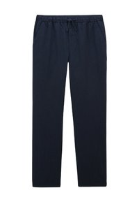 Pantalons de jogging côtelés bleu marine avec taille élastique, fermeture à cordon de serrage et poches latérales. Design à jambes droites. Tissu léger.
