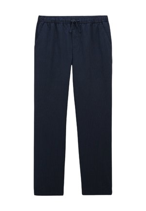Pantalons de jogging côtelés bleu marine avec taille élastique, fermeture à cordon de serrage et poches latérales. Design à jambes droites. Tissu léger.